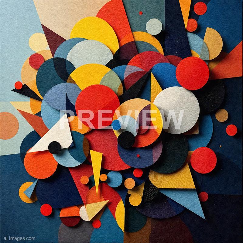 The image features an abstract composition of numerous overlapping paper circles, triangles, and other geometric shapes in a vibrant palette of red, yellow, blue, black, white, and orange. These shapes are layered and arranged dynamically, creating a sense of depth and motion against a textured background. The use of varied shapes and colors gives the artwork an energetic and playful appearance.